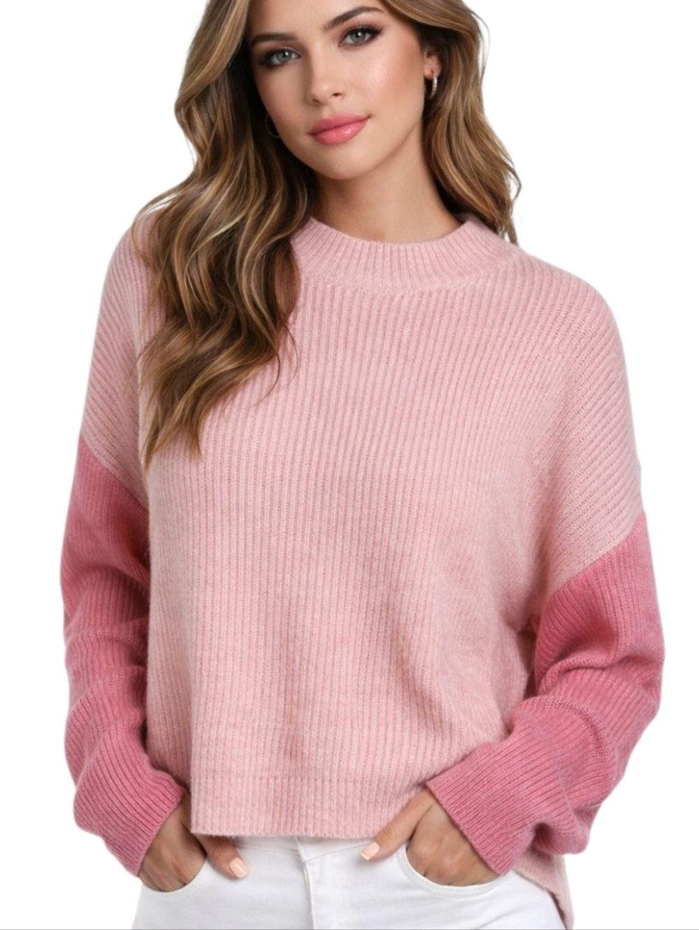 Le Lis Collection Pink Color Block Knit Sweater Small Mock Neck